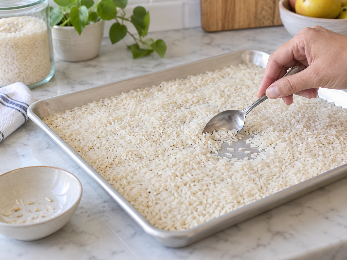 Reis wird auf einem hellen Blech ausgebreitet und sorgfältig kontrolliert