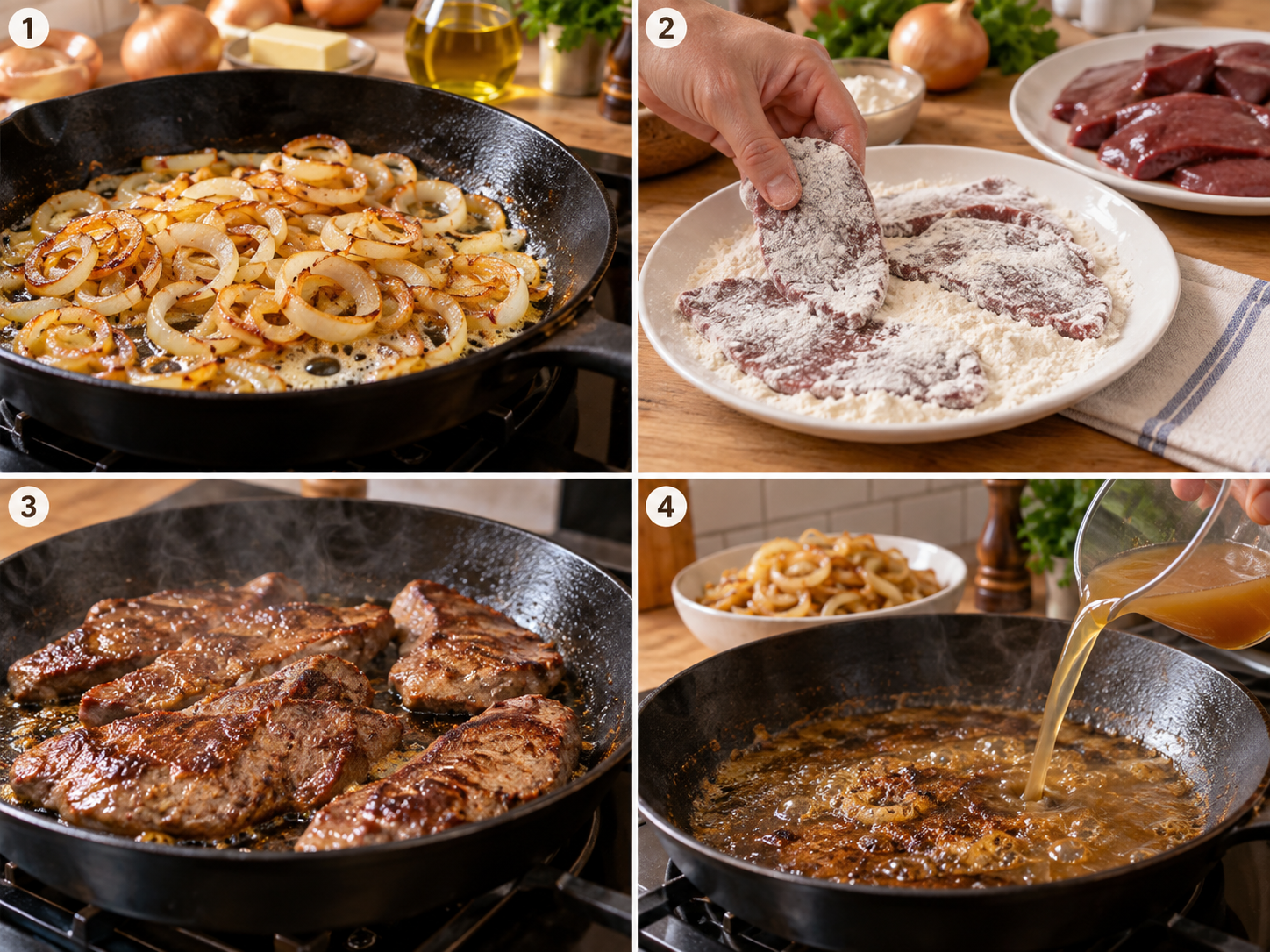 Vier Schritte für Leber mit Zwiebeln vom Bräunen bis zur Sauce