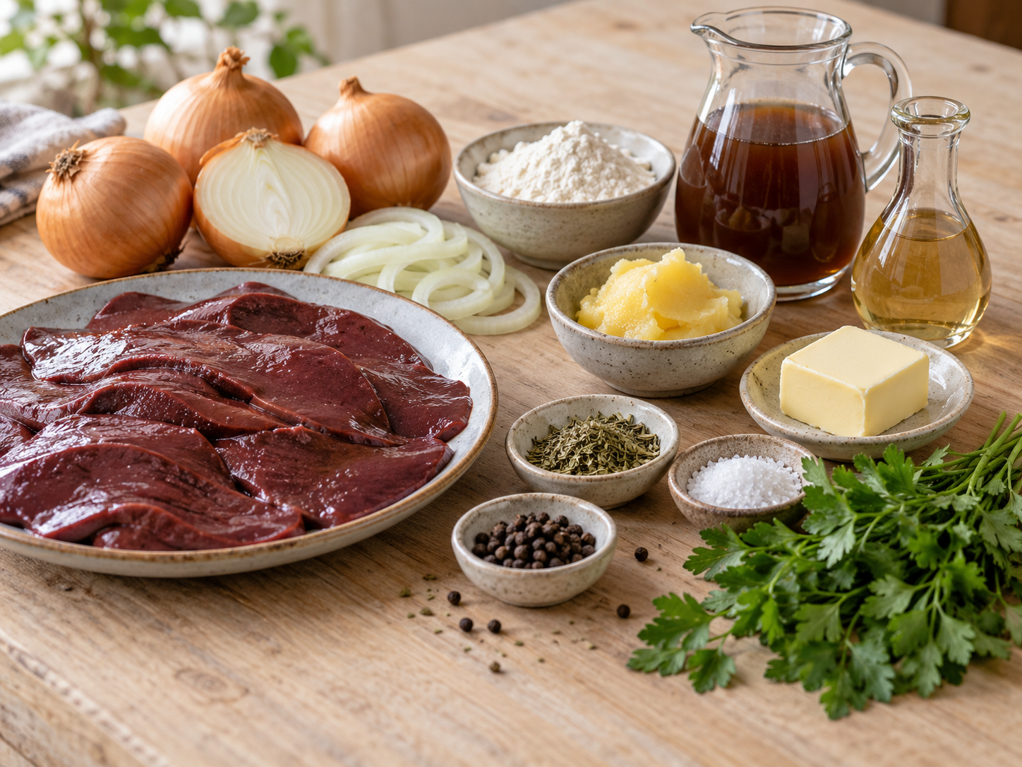Zutaten für Leber mit Zwiebeln mit roher Leber, Zwiebeln und Petersilie