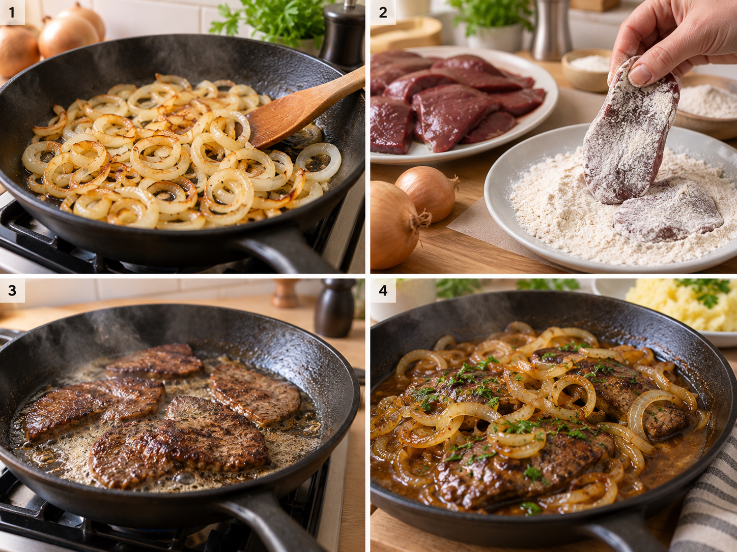 Vier Schritte für Leber mit Zwiebeln vom Bräunen bis zur Sauce