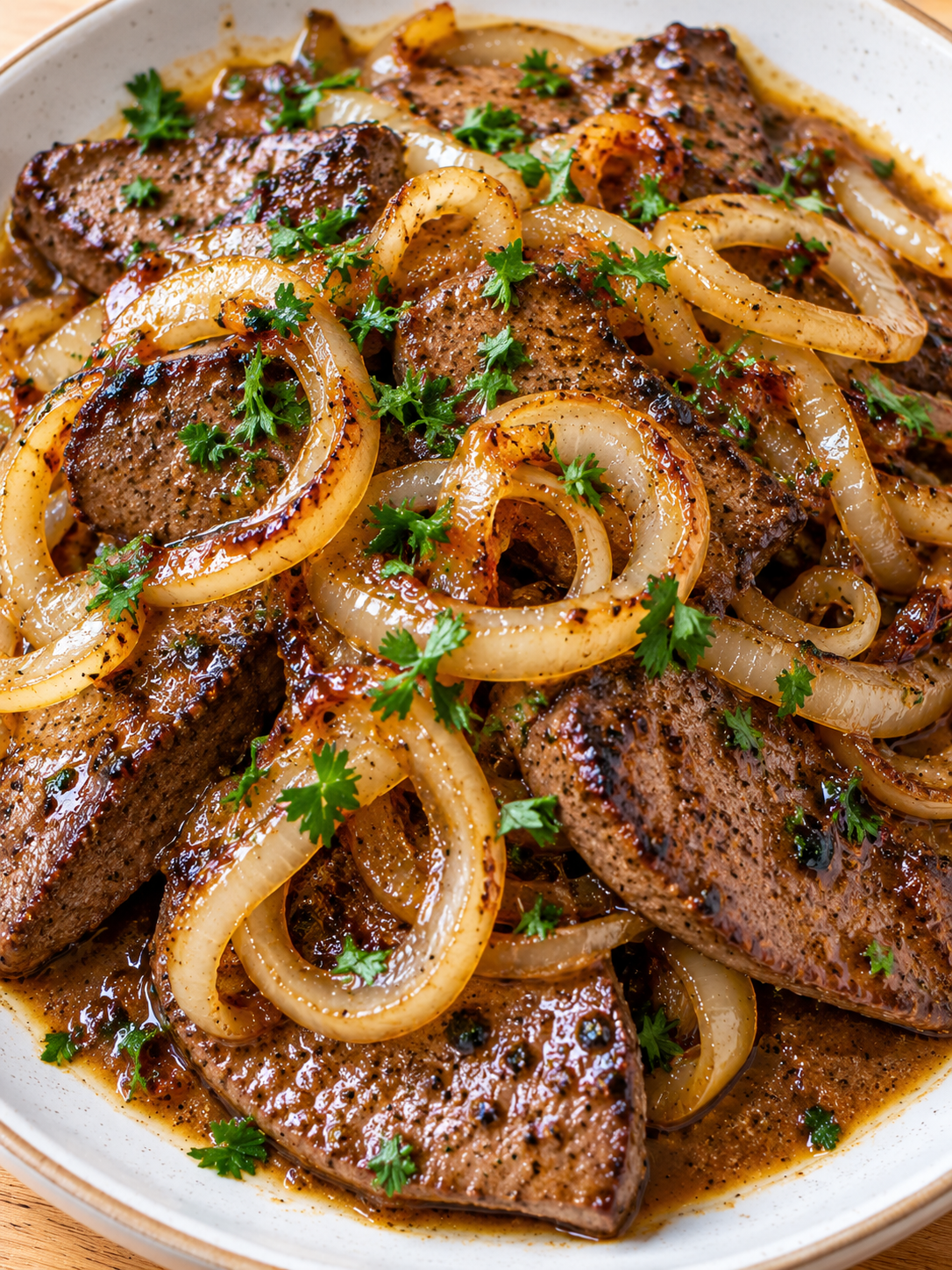 Gebratene Leber mit Zwiebelringen, Sauce und Petersilie