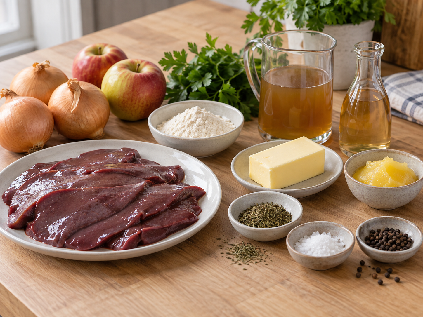 Zutaten für Leber und Zwiebeln mit Äpfeln und Kräutern