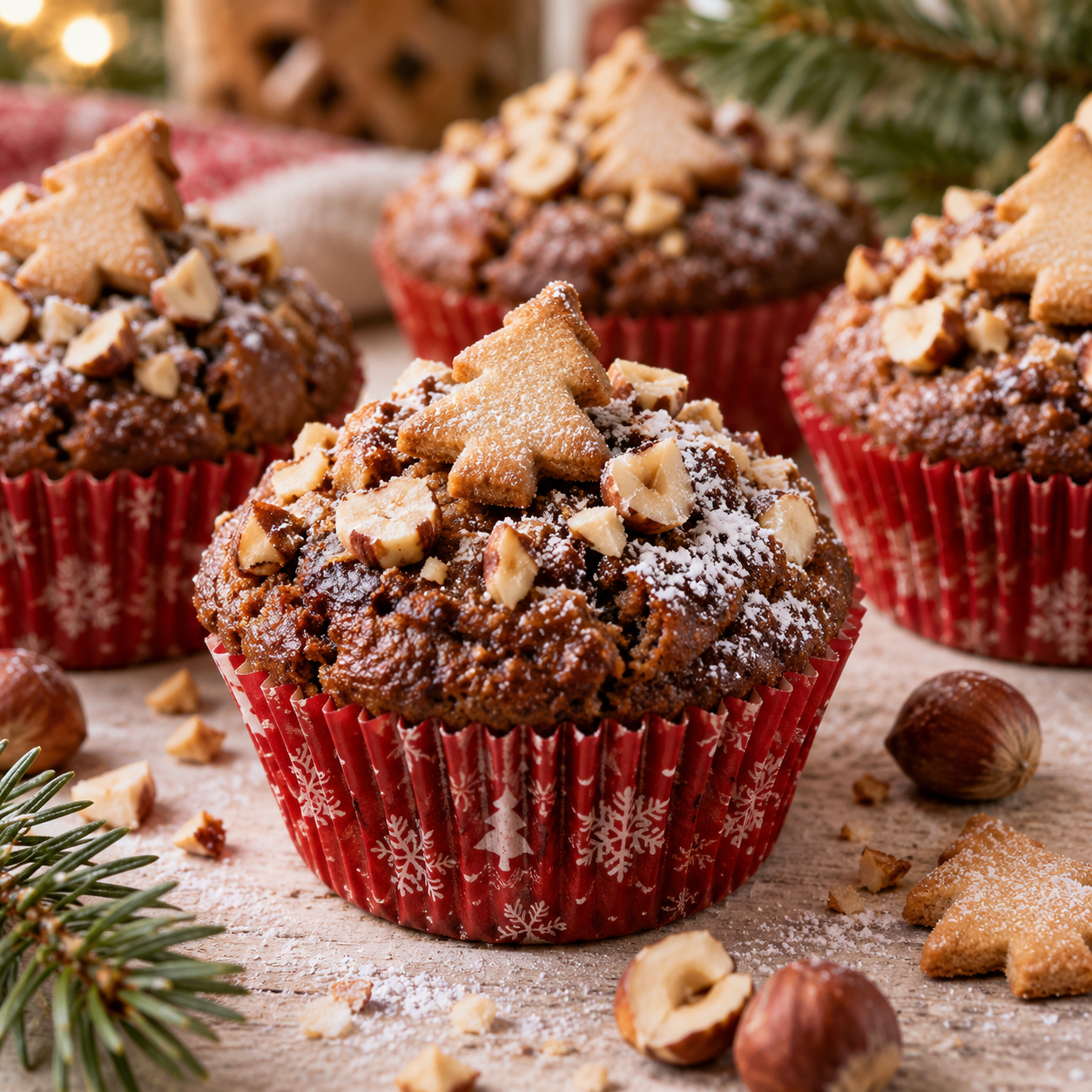 Lebkuchen-Muffins in roten Förmchen mit Puderzucker und Nüssen