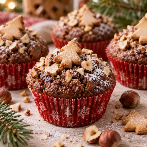 Lebkuchen-Muffins in roten Förmchen mit Puderzucker und Nüssen