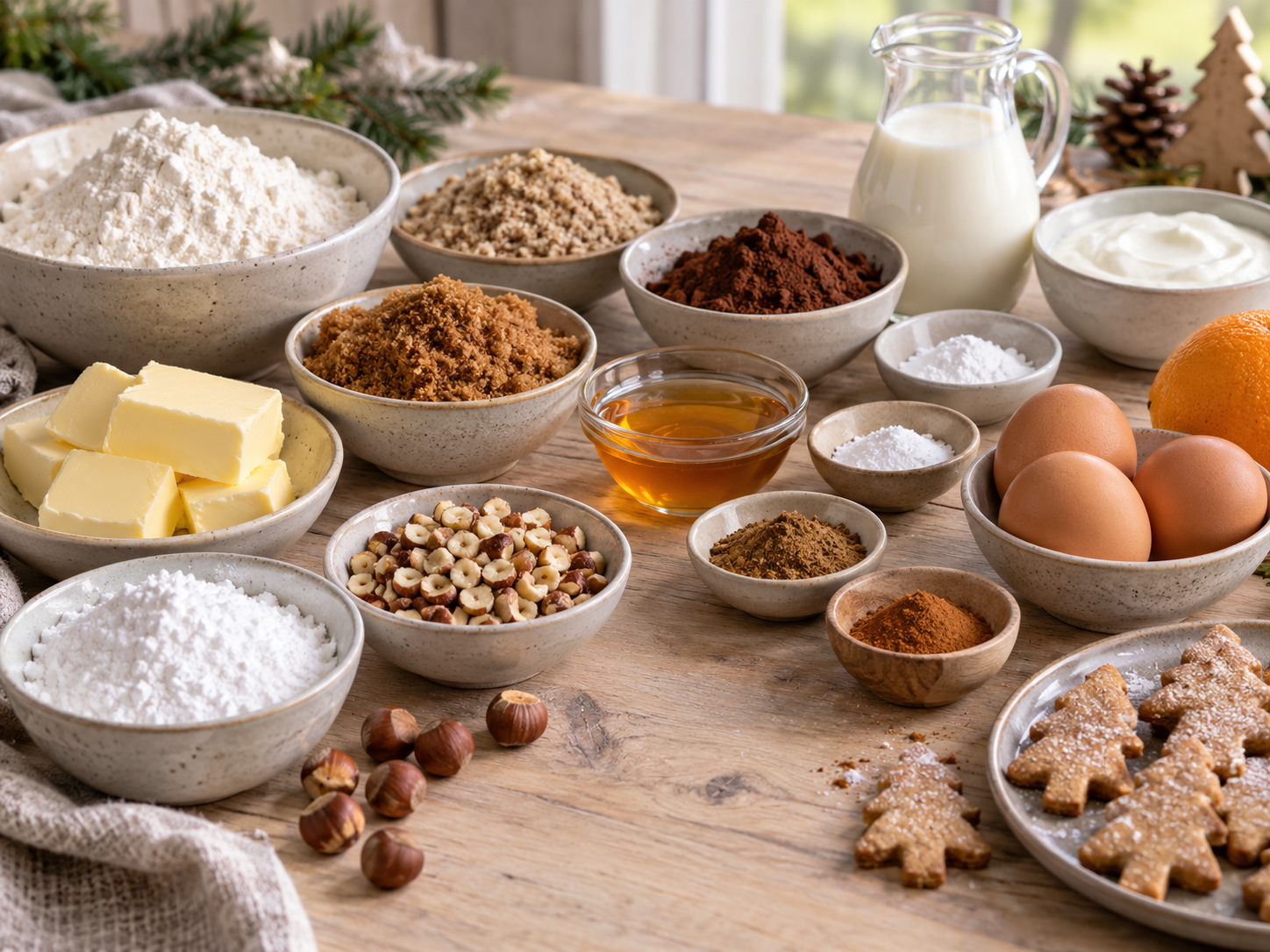 Zutaten für Lebkuchen-Muffins mit Honig, Gewürzen und Haselnüssen