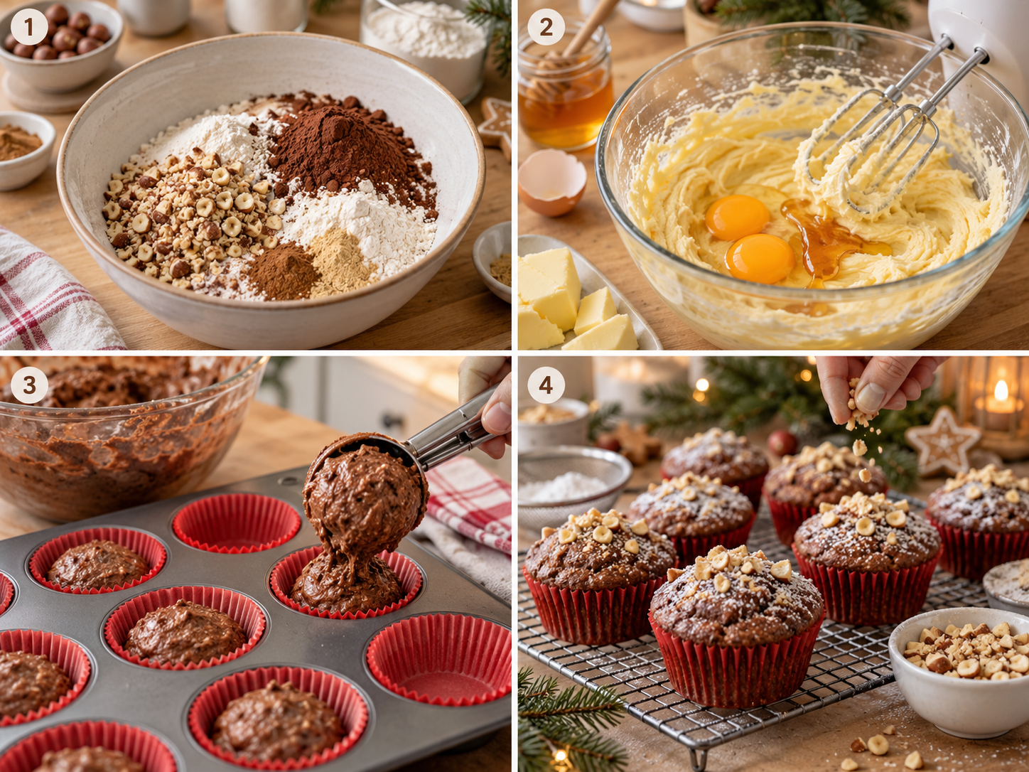Vier Zubereitungsschritte für Lebkuchen-Muffins in roten Förmchen