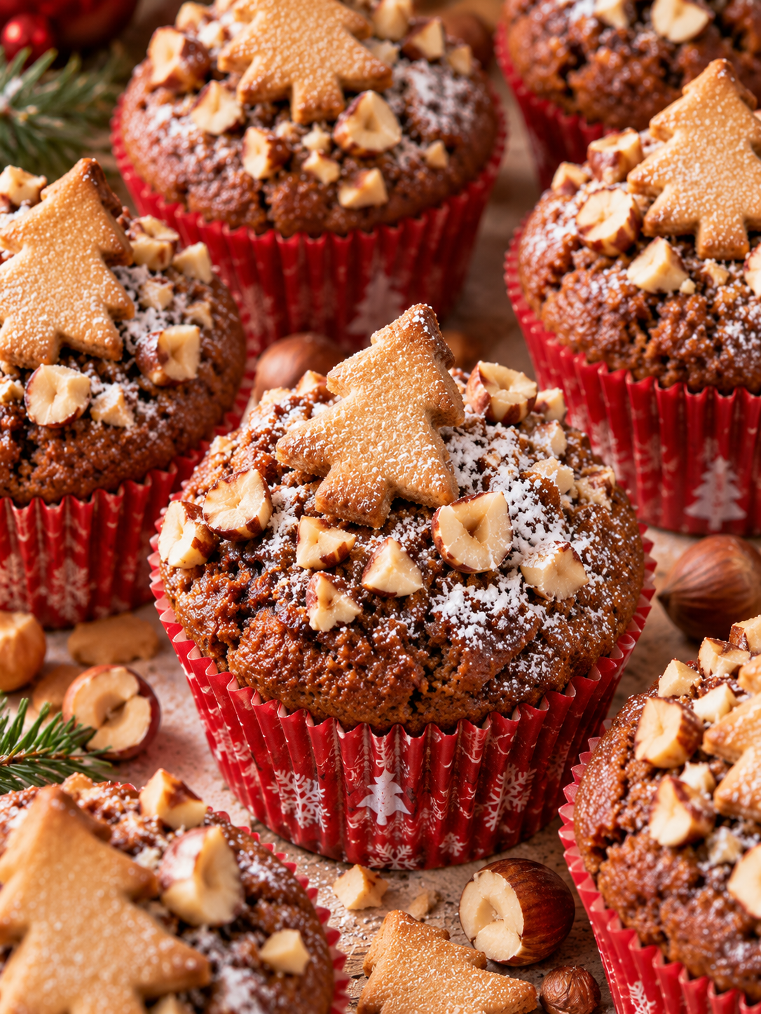 Festliche Lebkuchen-Muffins mit Puderzucker, Nüssen und Baumkeksen