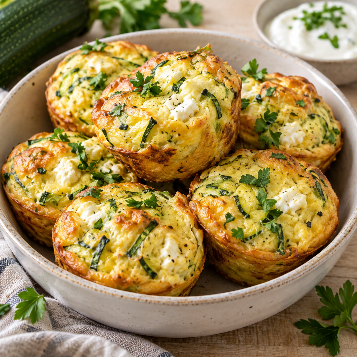 Leichte Zucchini-Muffins mit Feta und Petersilie in einer hellen Schale