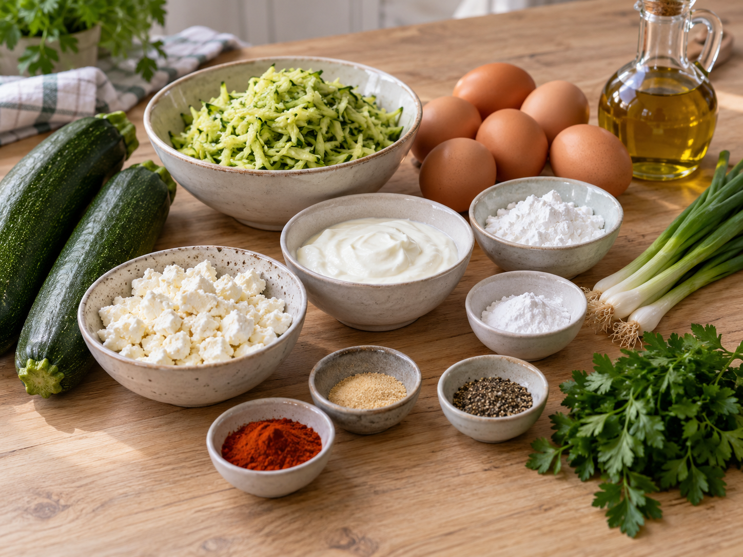 Zutaten fuer Zucchini-Muffins mit Eiern, Feta, Kraeutern und Joghurt