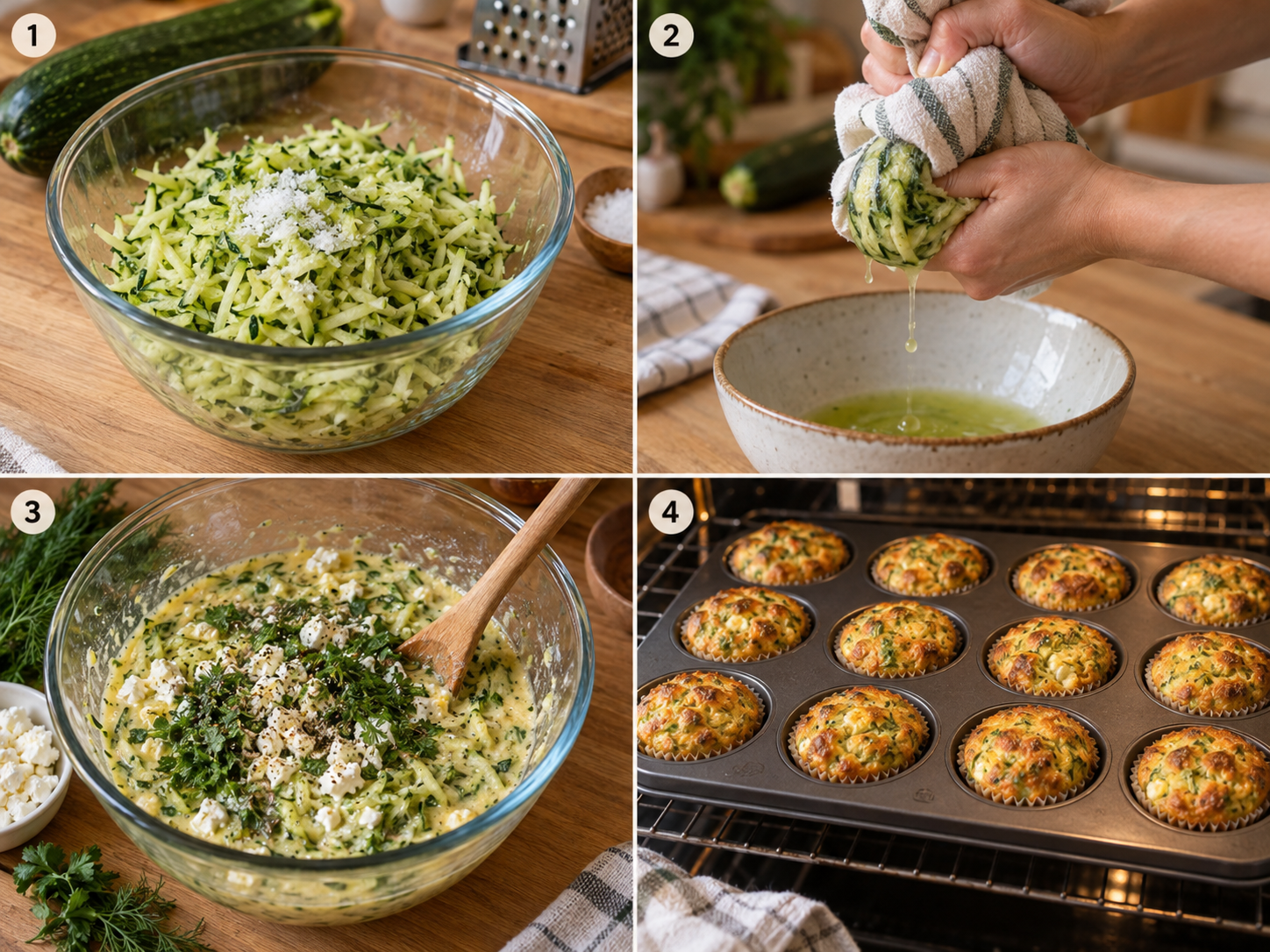Vier Schritte fuer Zucchini-Muffins vom Ausdruecken bis zum Backen
