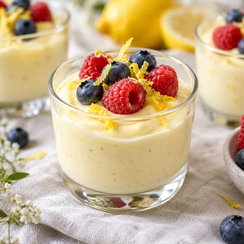 Vanille-Zitronen-Creme im Glas mit Beeren und Zitronenabrieb