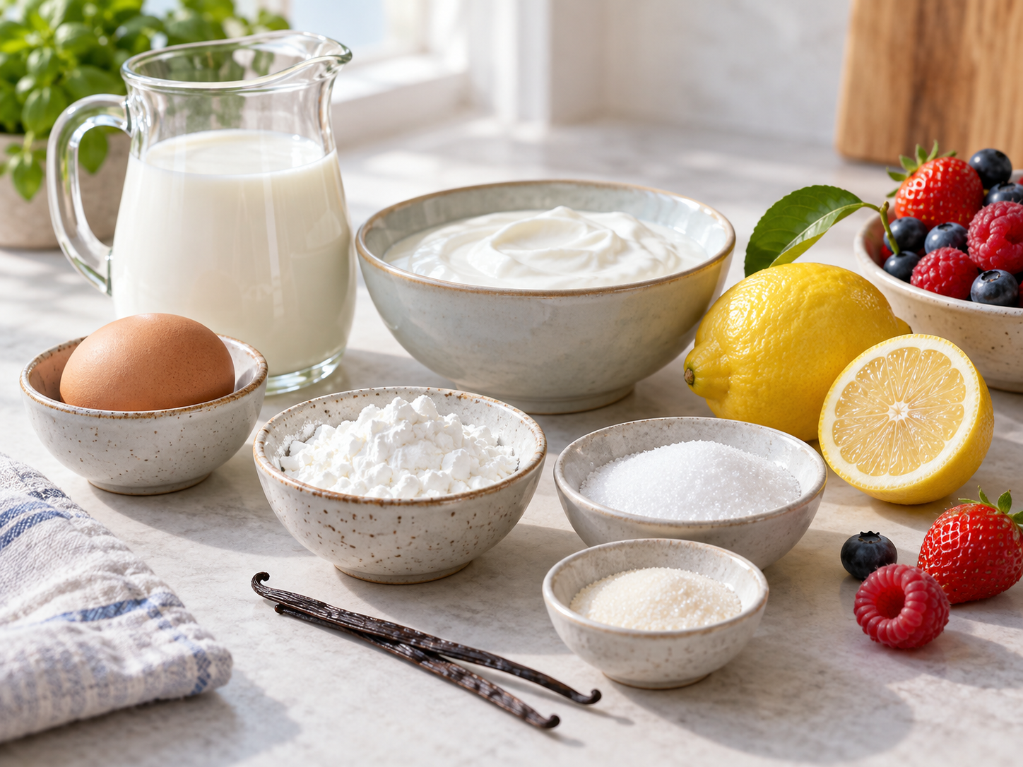 Zutaten für Vanille-Zitronen-Creme mit Ei, Milch, Joghurt und Beeren