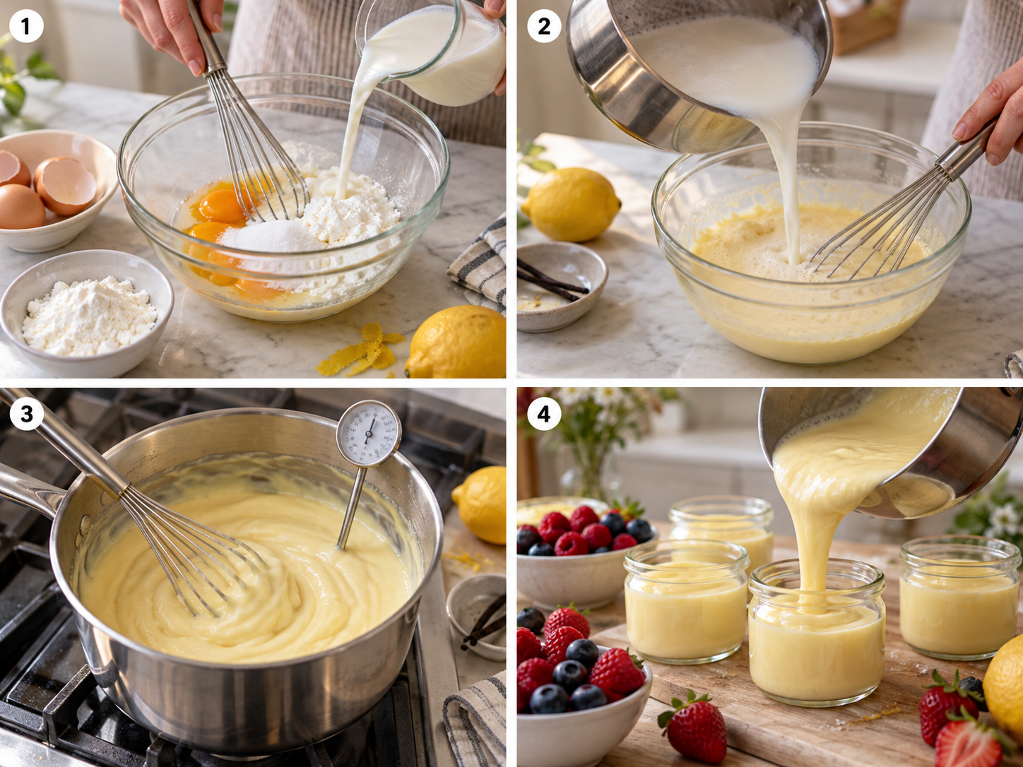 Vier Zubereitungsschritte für Vanille-Zitronen-Creme im Glas