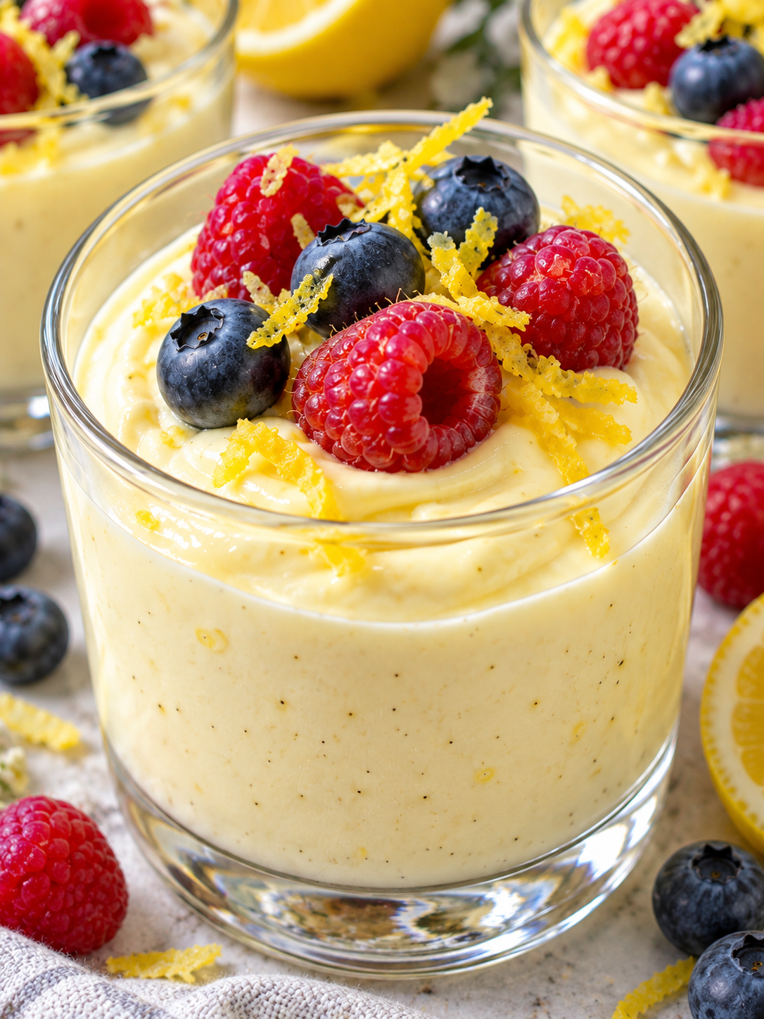Cremiges Dessert im Glas mit Beeren und Zitronenabrieb