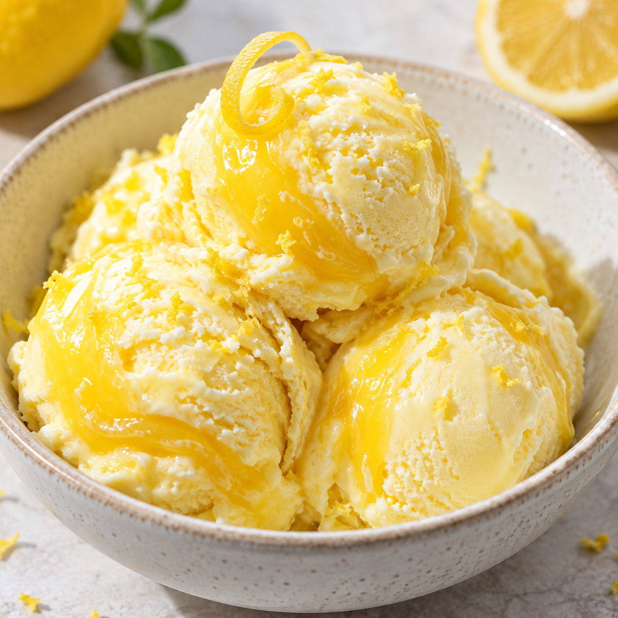 Cremiges Lemon-Curd-Eis mit gelben Schlieren und Zitronenabrieb