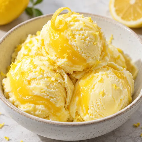 Cremiges Lemon-Curd-Eis mit gelben Schlieren und Zitronenabrieb