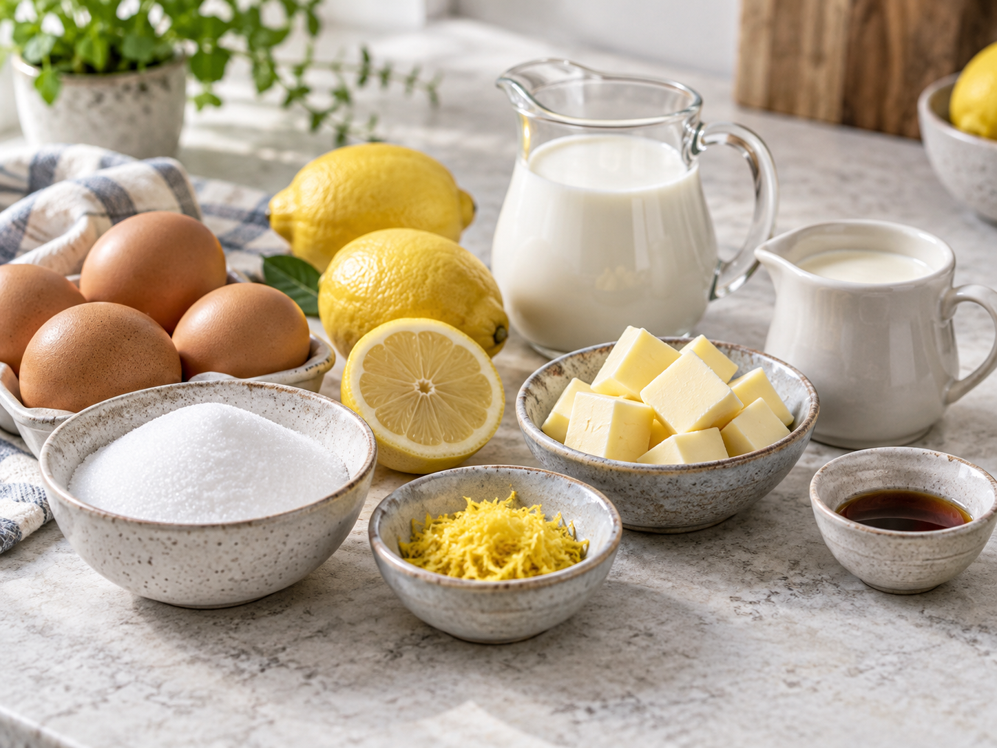 Zutaten für Lemon-Curd-Eis mit Zitronen, Eiern, Sahne und Butter