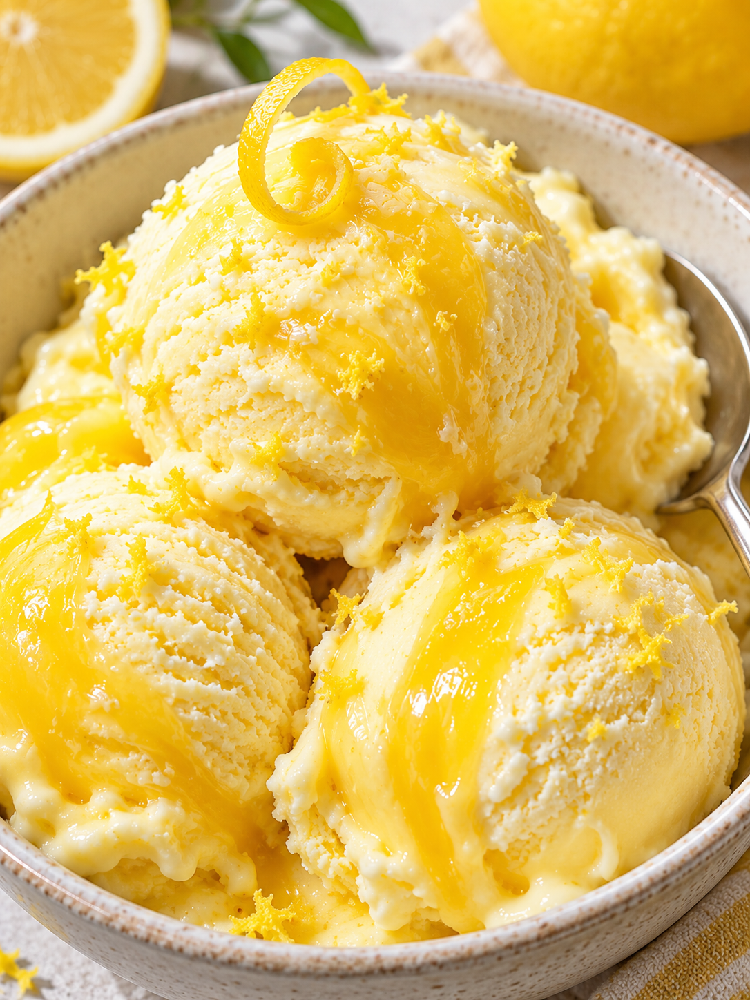 Lemon-Curd-Eis in einer Schale mit gelben Schlieren und Zitronenabrieb