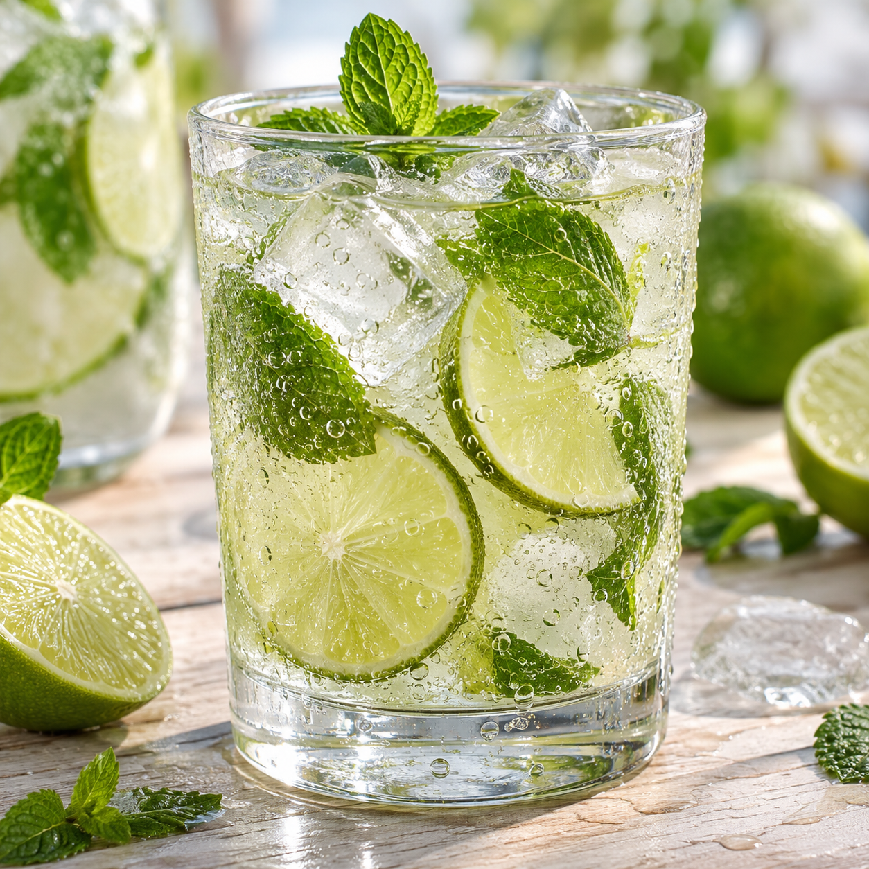 Limetten-Limonade mit Minze, Eiswürfeln und Limettenscheiben