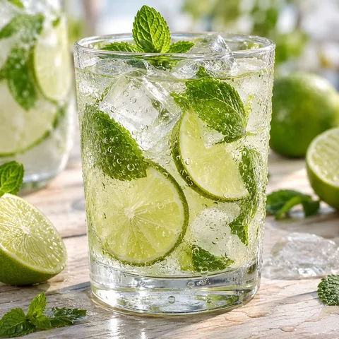 Limetten-Limonade mit Minze, Eiswürfeln und Limettenscheiben