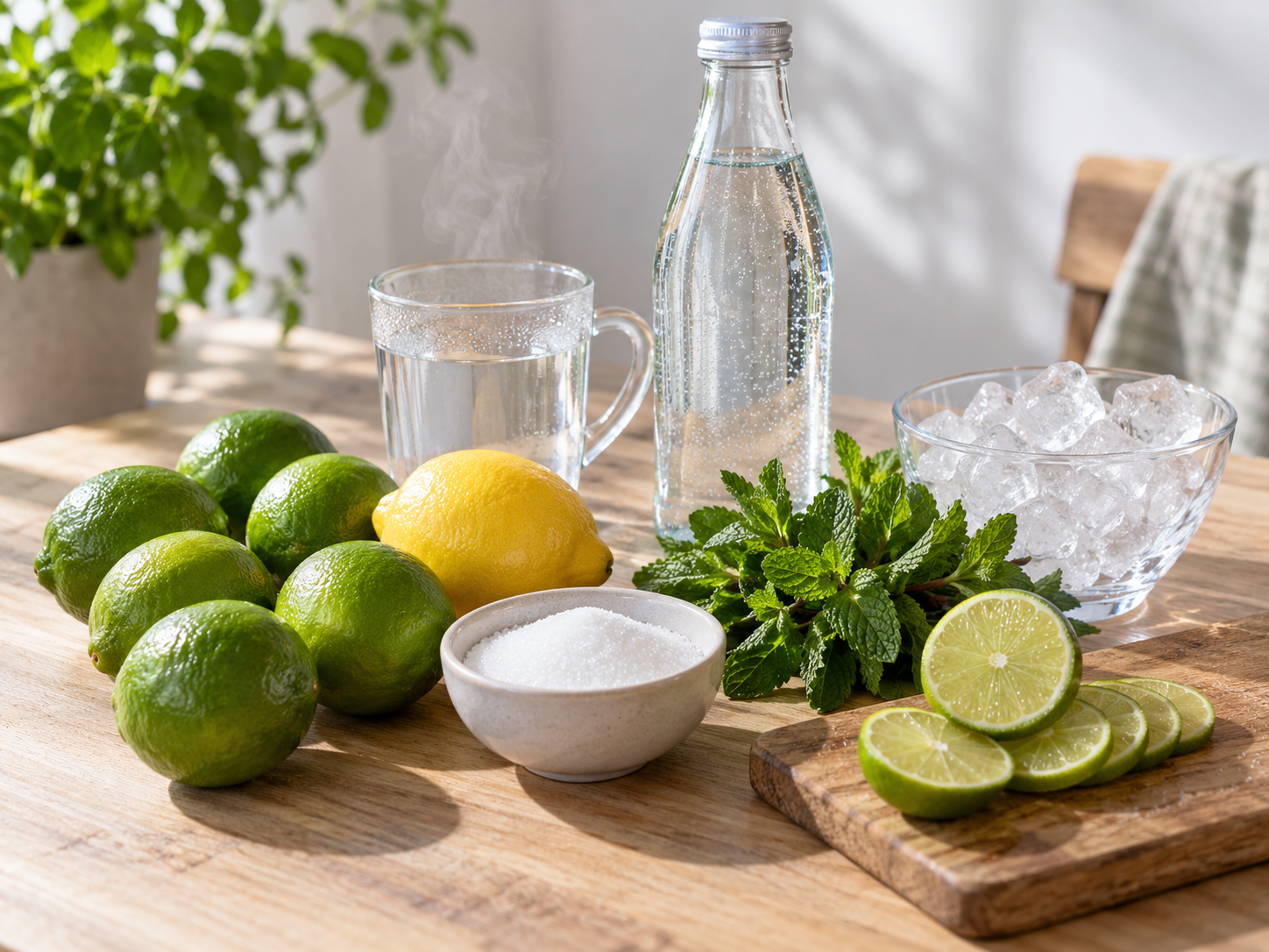 Zutaten für Limetten-Limonade mit Limetten, Minze, Zucker und Mineralwasser