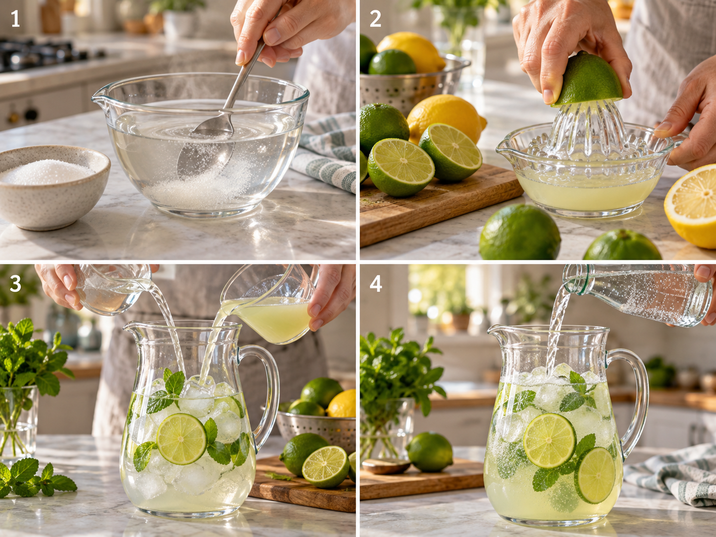 Vier Schritte für Limetten-Limonade vom Sirup bis zum Auffüllen