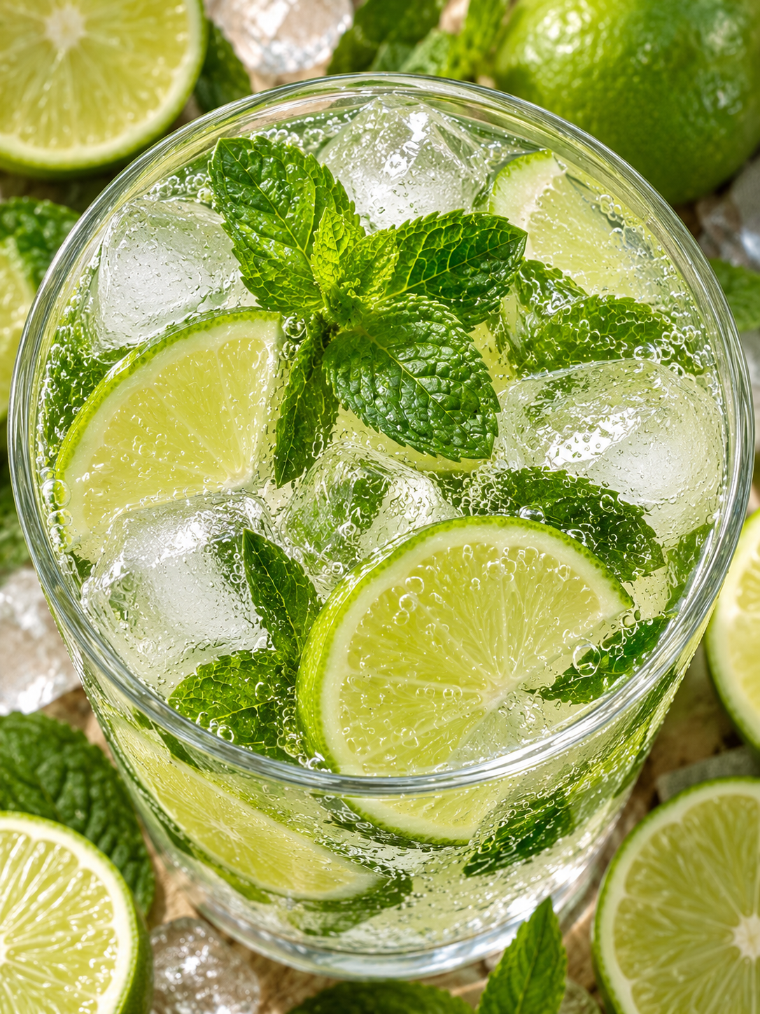 Spritzige Limetten-Limonade mit Eis, Minze und Limettenscheiben