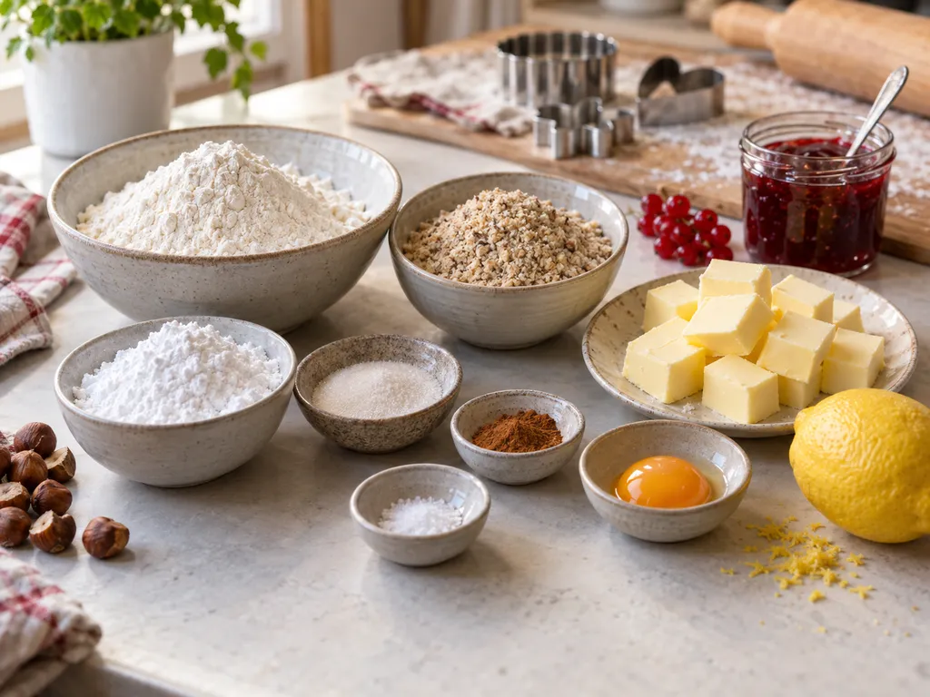 Zutaten für Linzer-Kekse mit Haselnüssen, Butter und rotem Gelee