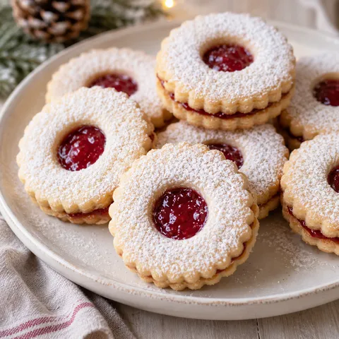 Linzer-Kekse mit roter Marmelade und Puderzucker auf hellem Teller