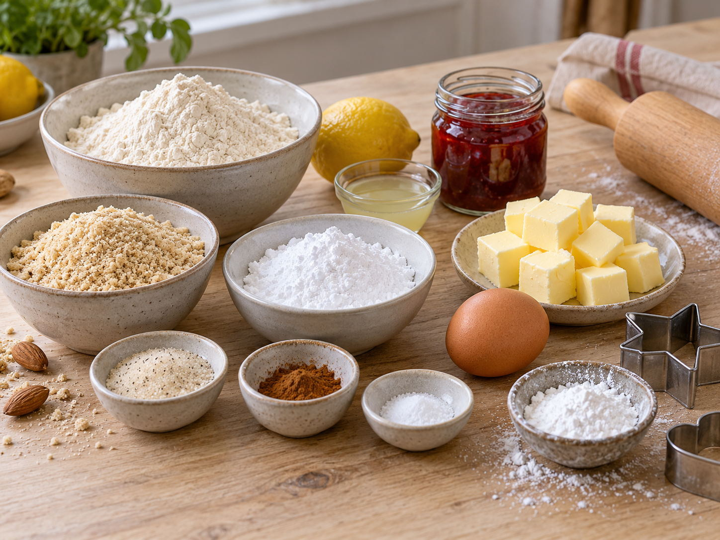 Zutaten für Linzer-Kekse mit Mehl, Mandeln, Butter, Ei und roter Marmelade