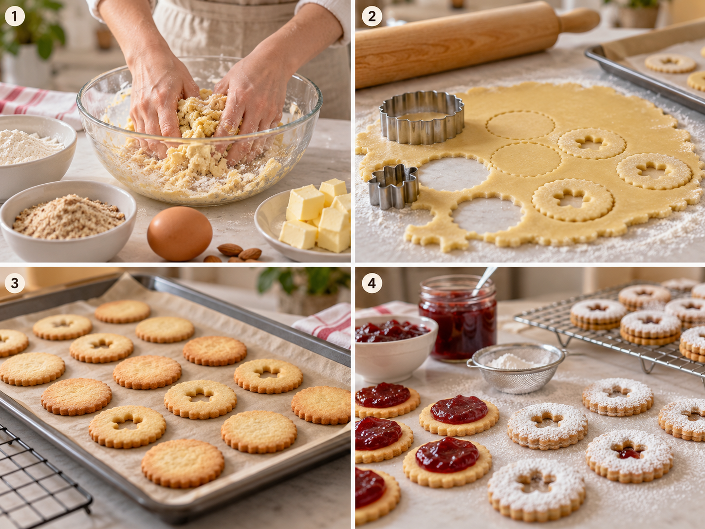 Vier Schritte für Linzer-Kekse vom Teig bis zum Füllen mit Marmelade