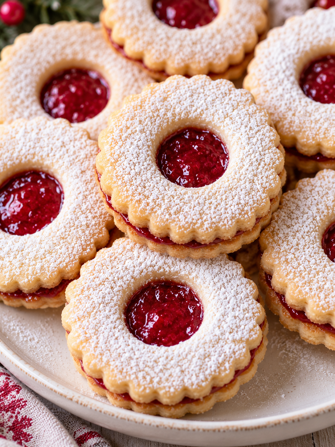 Linzer-Kekse mit roten Marmeladenfenstern und Puderzucker im Hochformat