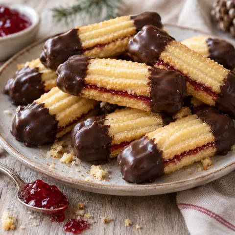 Linzer Stangerl mit roter Marmelade und Schokoenden auf hellem Teller