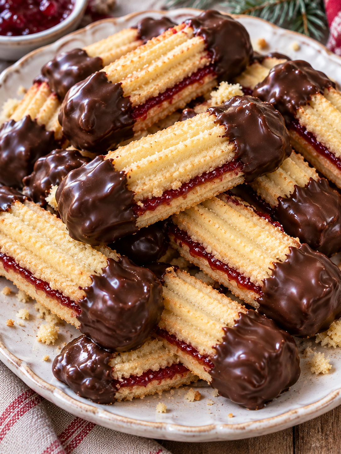 Gefüllte Linzer Stangerl mit Marmelade und glänzenden Schokoenden