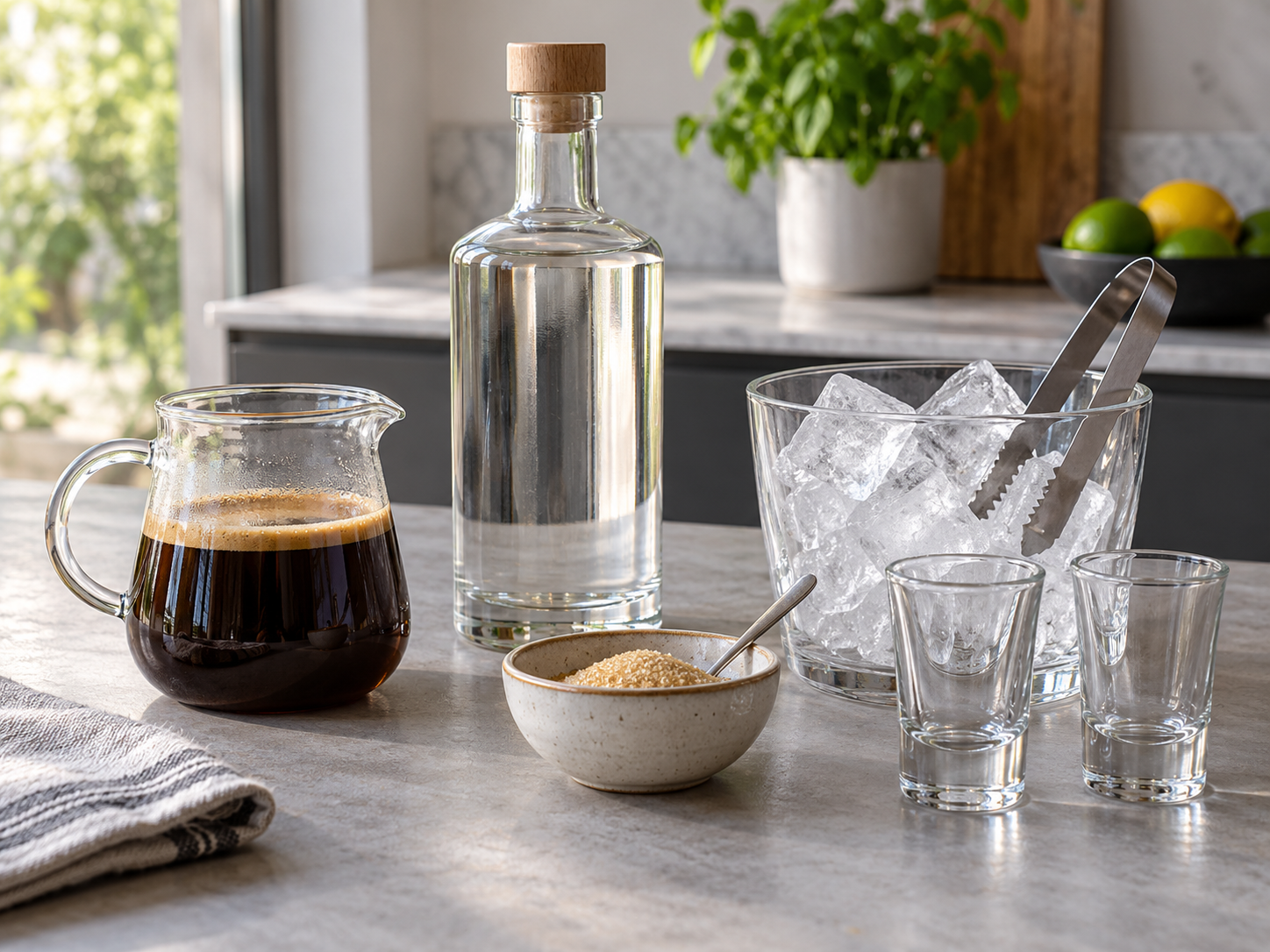 Zutaten für einen Kaffee-Wodka-Shot stehen übersichtlich auf einer Arbeitsfläche bereit.