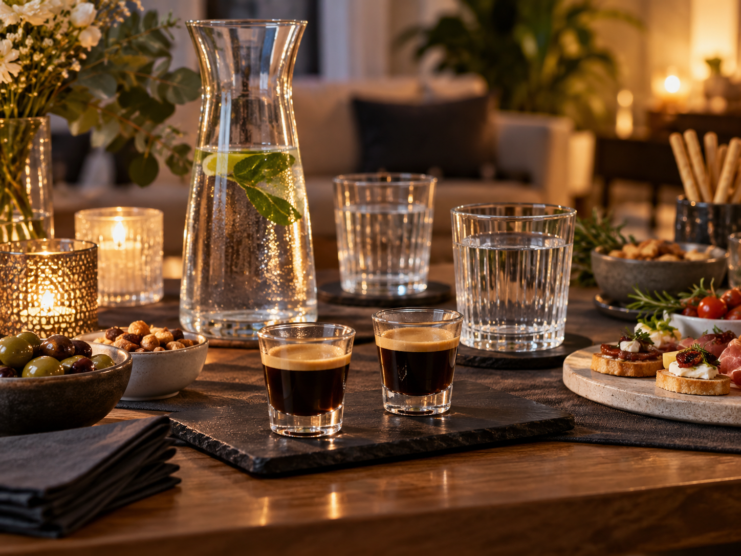 Kleine Kaffee-Shots stehen neben Wasser und Snacks auf einem gedeckten Partytisch.