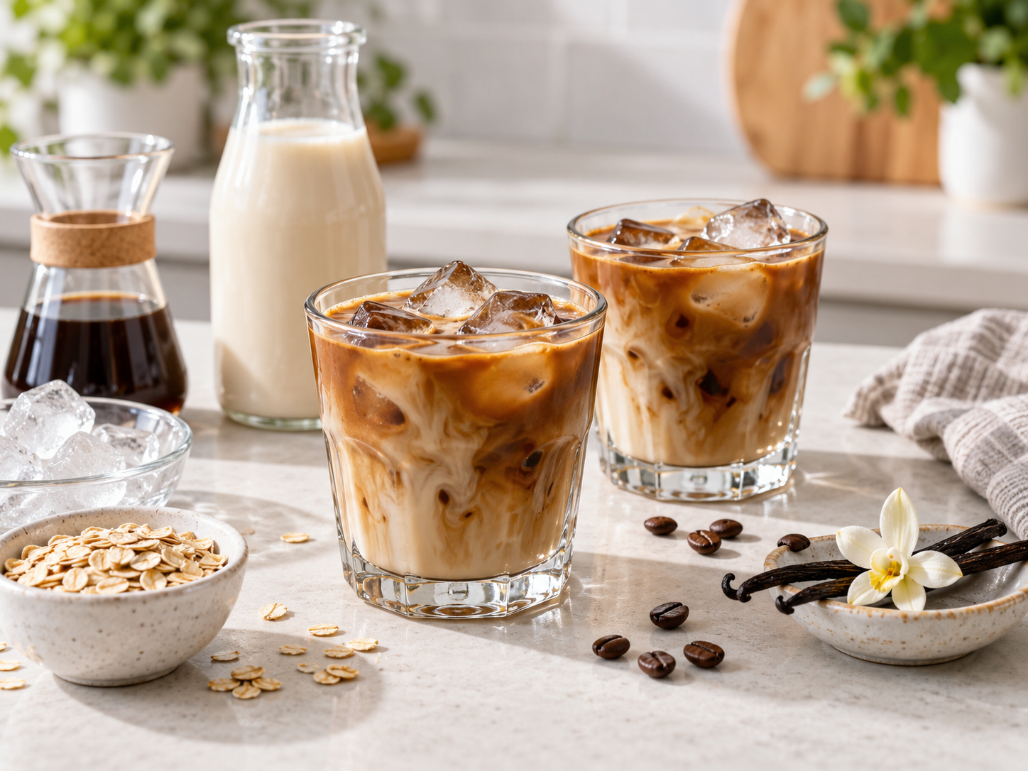 Eine alkoholfreie Kaffee-Shot-Alternative steht mit Eis, Haferdrink und Vanille auf einer hellen Küchenfläche.