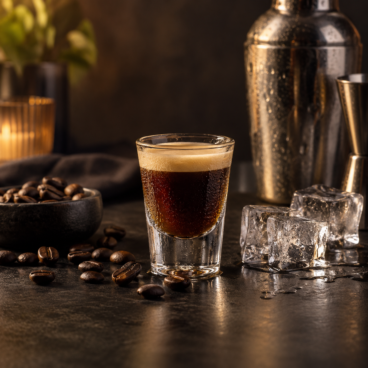 Ein kleiner dunkler Kaffee-Shot im klaren Glas mit Eis, Kaffeebohnen und Shaker auf einer Barfläche.
