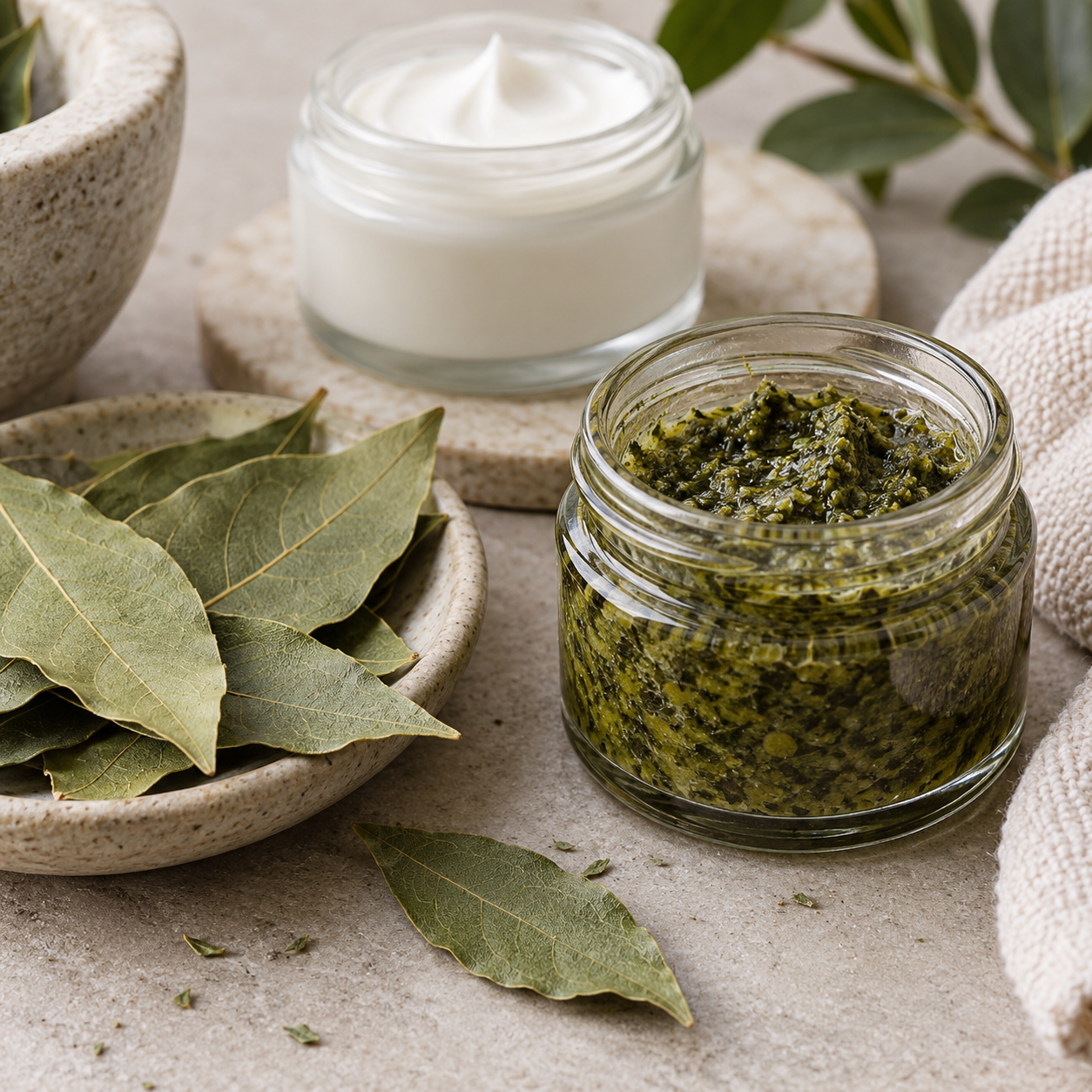 Getrocknete Lorbeerblätter neben einem Glas grüner Kräuterpaste und einer neutralen Hautpflegecreme.