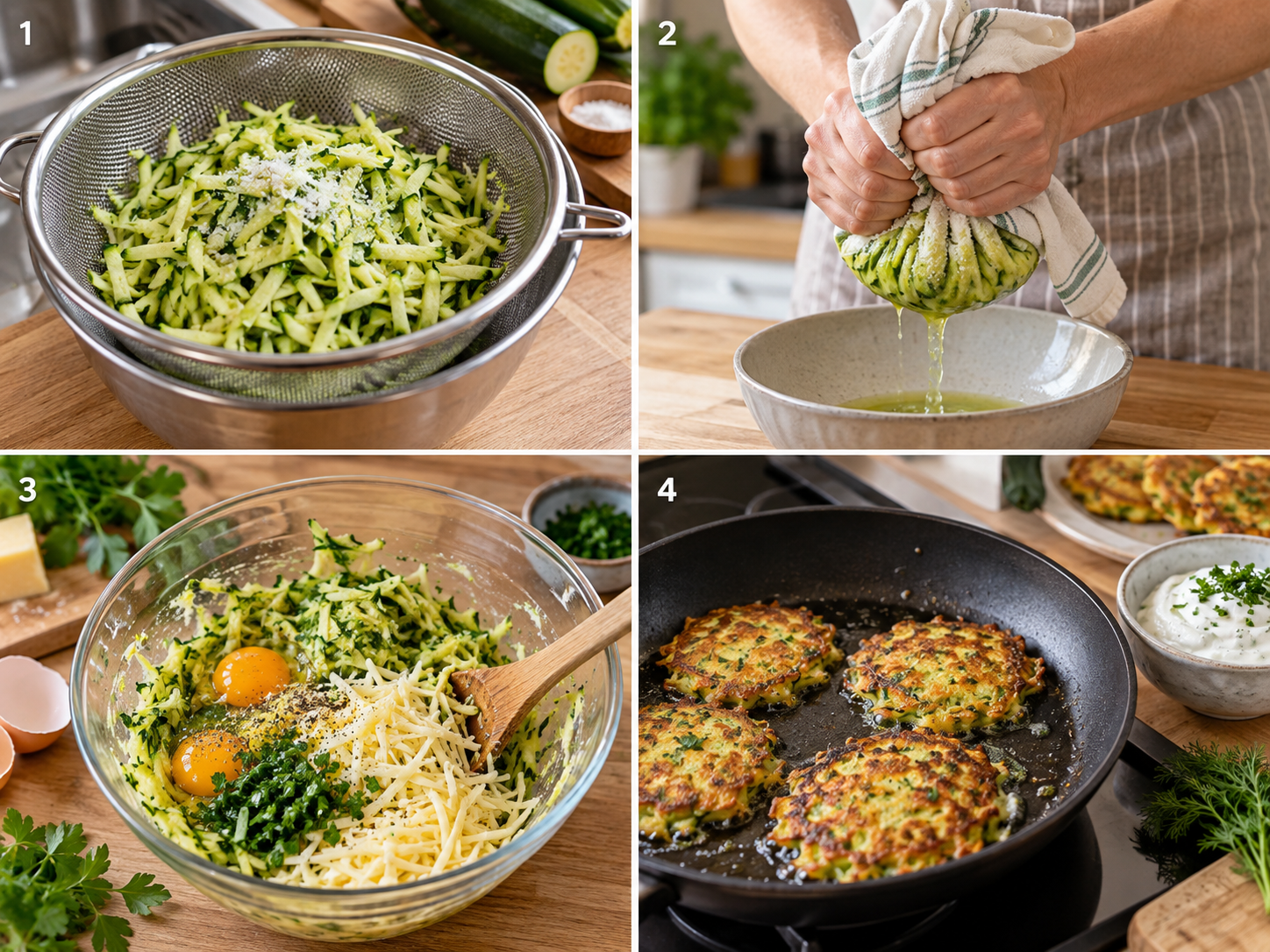 Vier Schritte für Zucchini-Käse-Puffer vom Ausdrücken bis zum Braten