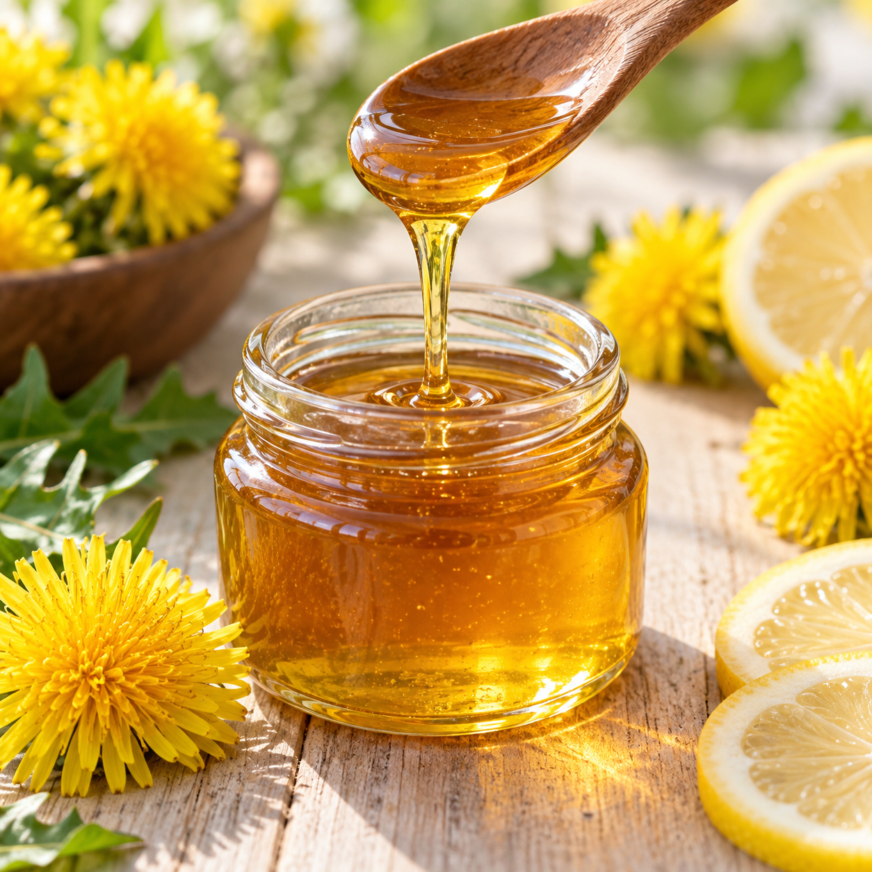 Goldener Löwenzahnhonig im Glas mit Blüten und Zitronenscheiben