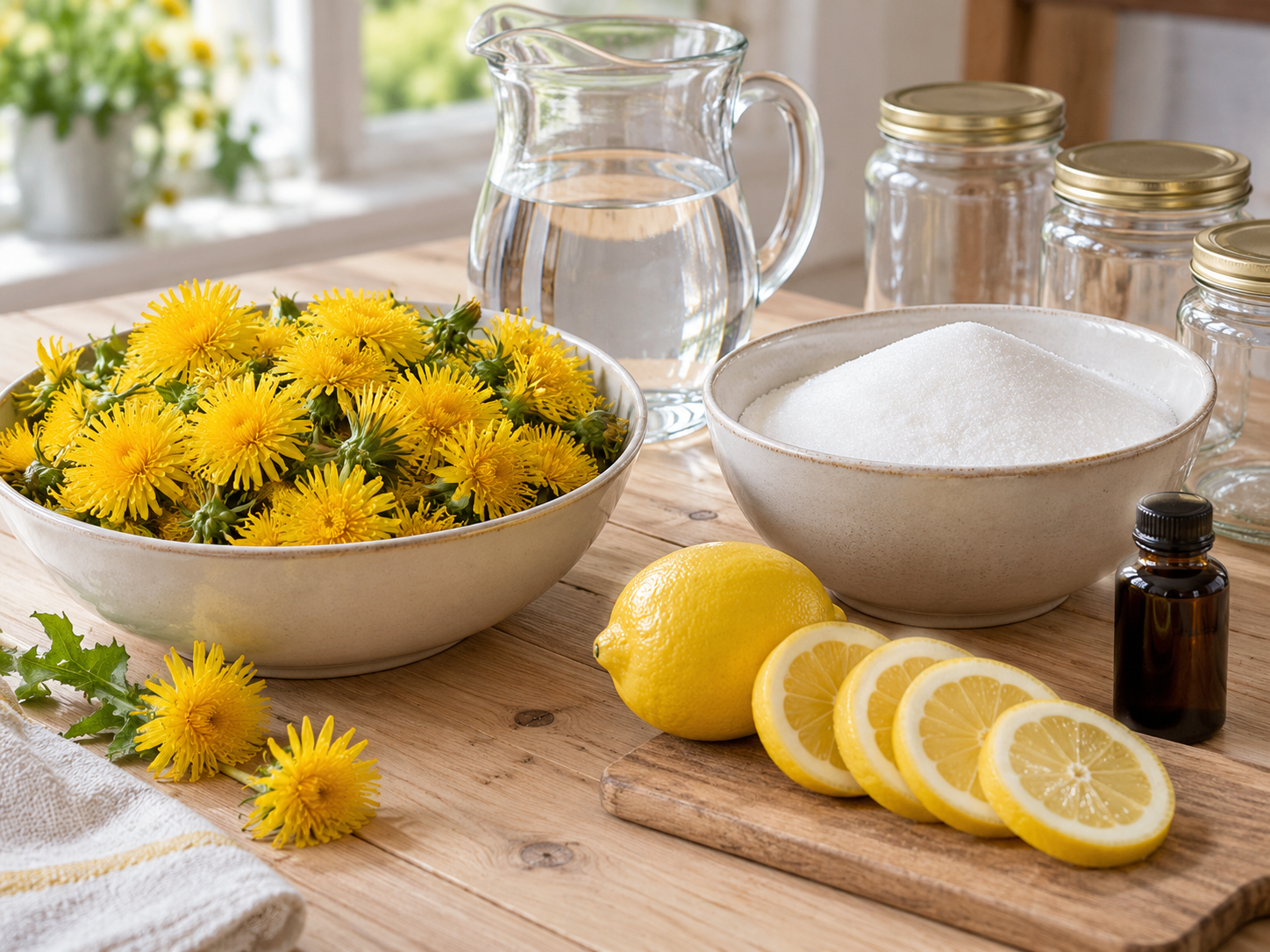 Zutaten für Löwenzahnhonig mit Blüten, Zitrone und Zucker