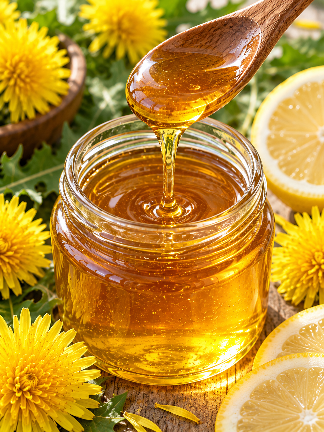Löwenzahnhonig im Glas mit goldener Sirupspur auf dem Löffel