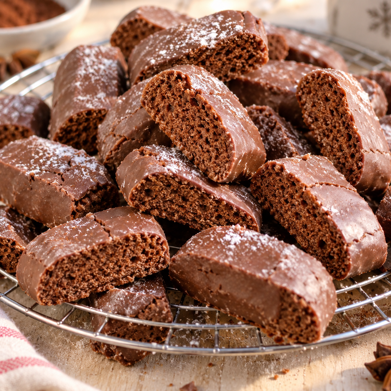 Magenbrot-Scheiben mit Kakaoguss auf einem Kuchengitter