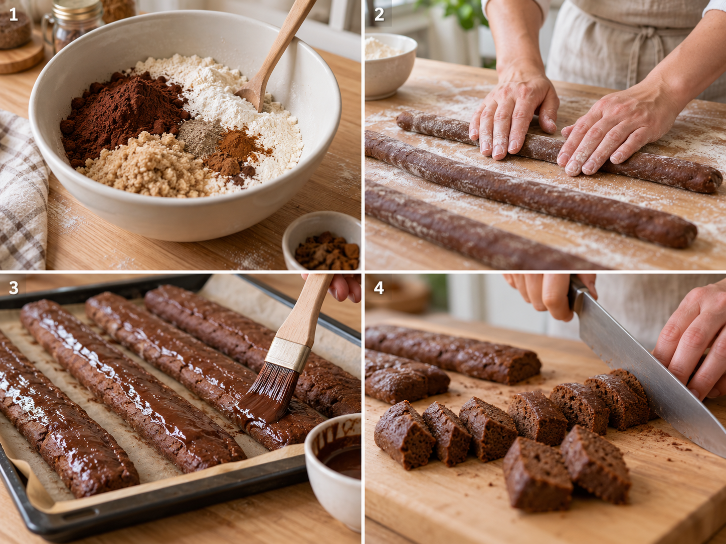 Vier Schritte beim Backen und Schneiden von Magenbrot
