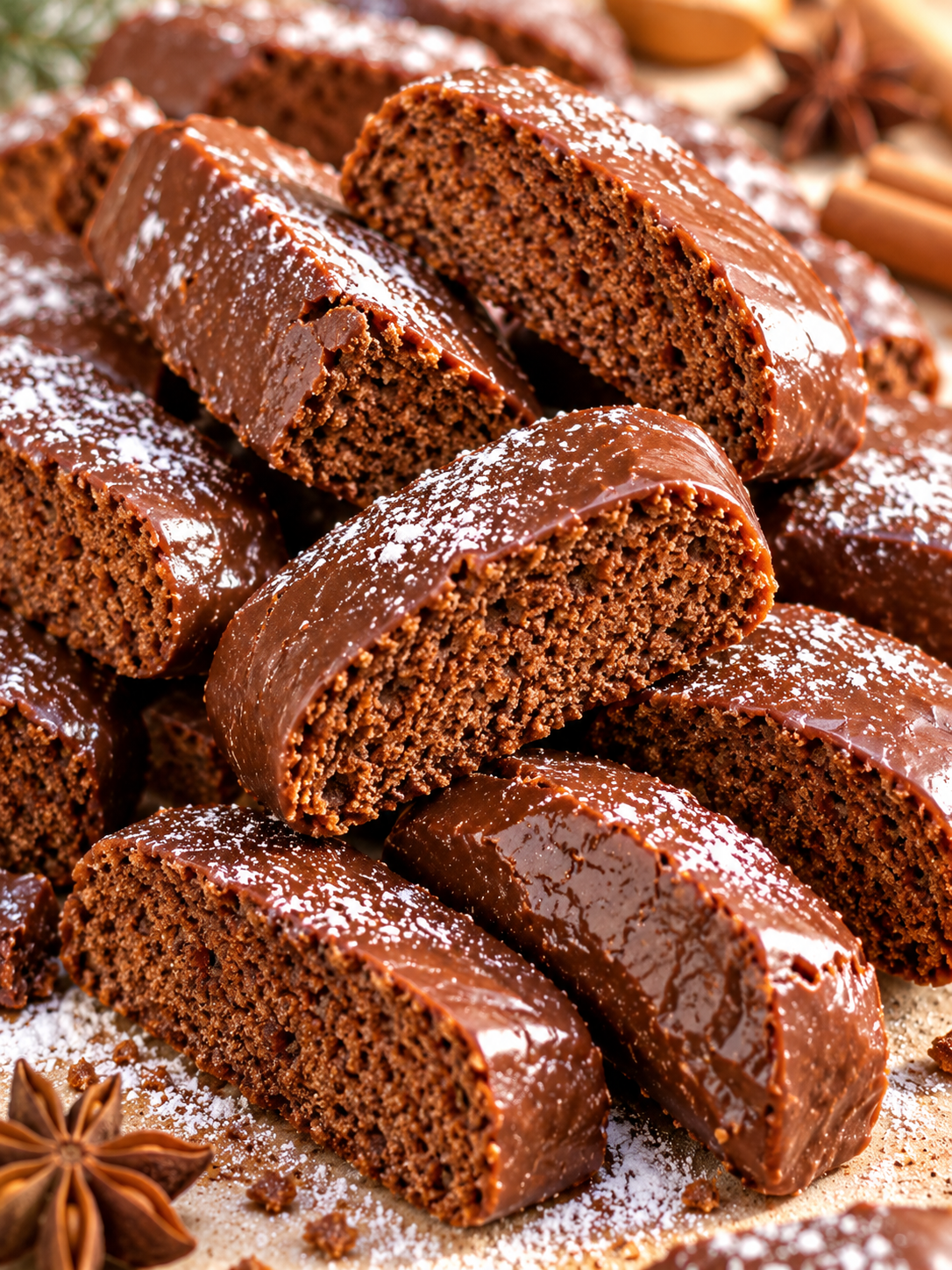 Glasierte Magenbrot-Scheiben dicht angerichtet auf hellem Untergrund