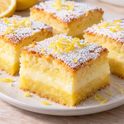 Zitronen-Zauberkuchen mit Puderzucker und sichtbaren drei Schichten