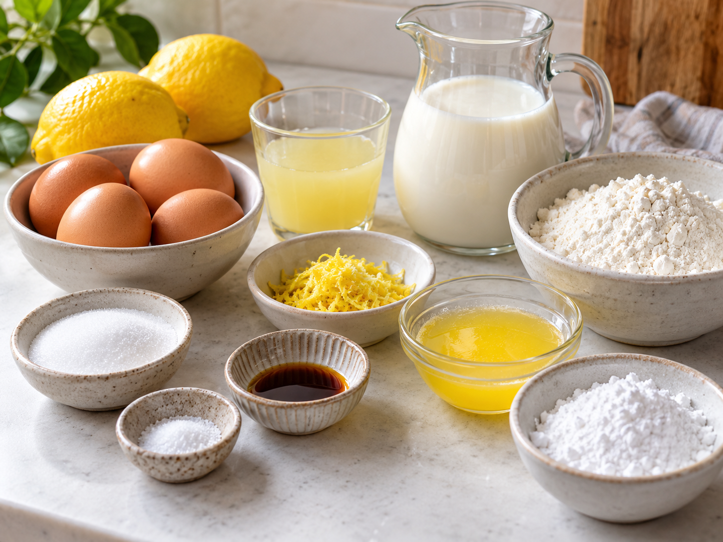 Zutaten für Zitronen-Zauberkuchen mit Eiern, Milch, Zitronen und Mehl