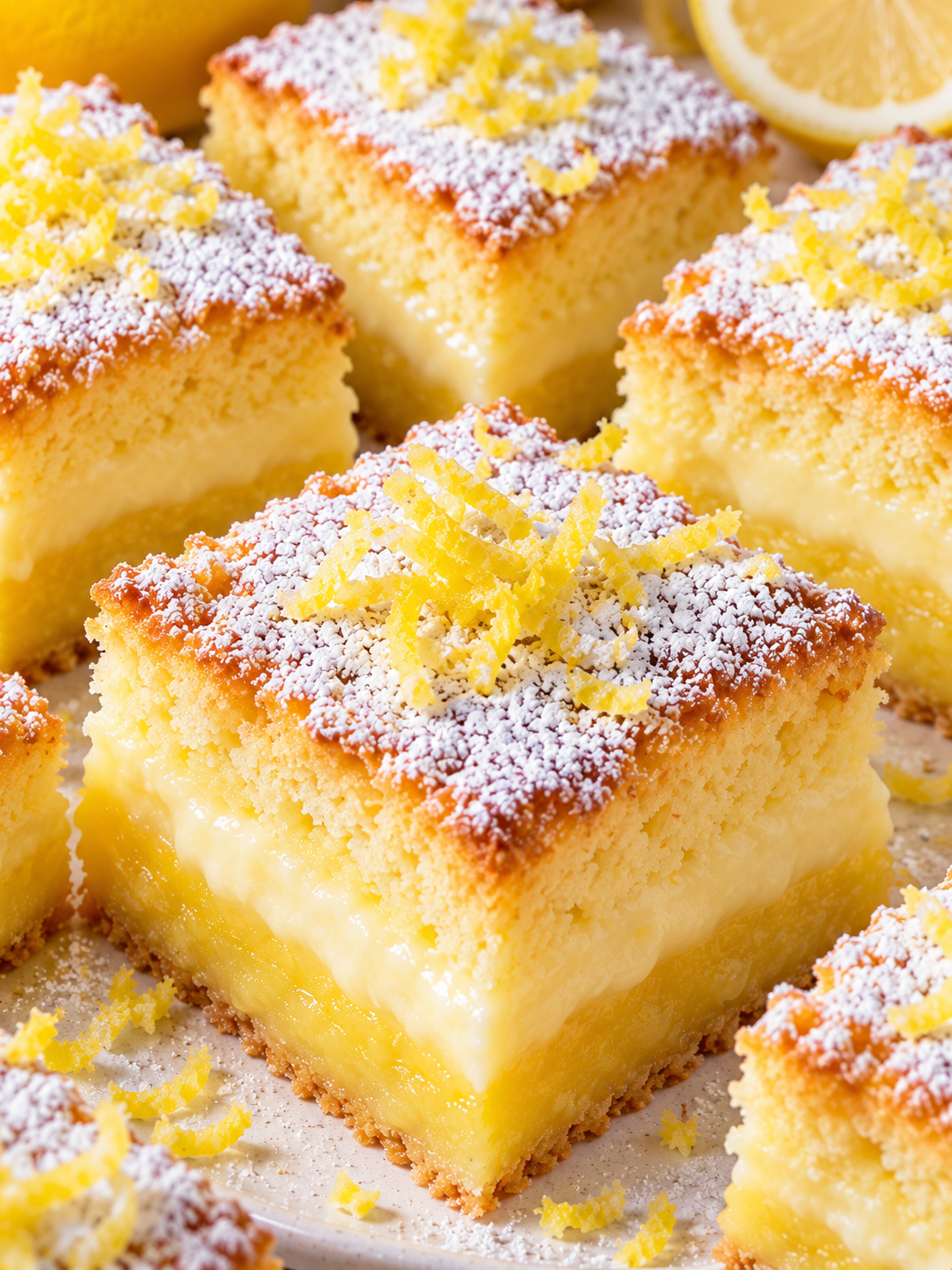 Zitronen-Zauberkuchen in Würfeln mit Puderzucker und cremiger Mitte