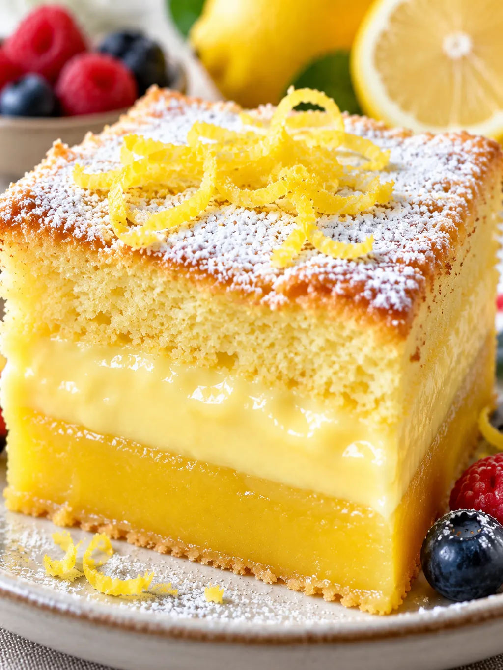 Dreischichtiger Zitronenkuchen mit Puderzucker und cremiger Mitte